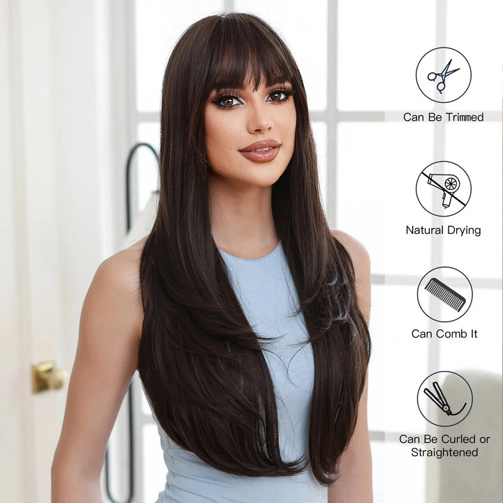 Black Brown Long Straight Synthetic Layered Hair