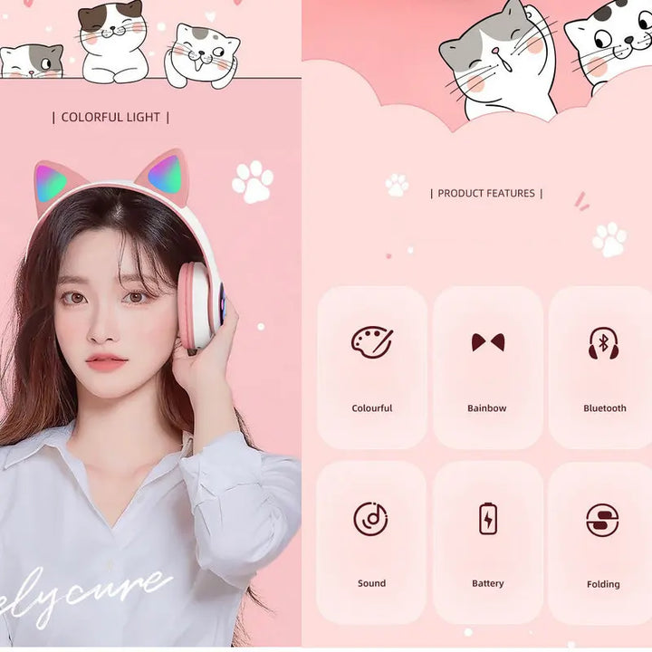 Cat Ears Headphones Flash Light Wireless