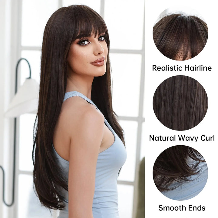 Black Brown Long Straight Synthetic Layered Hair