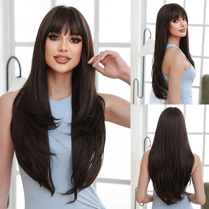 Black Brown Long Straight Synthetic Layered Hair