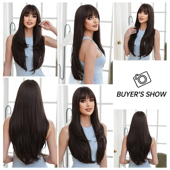 Black Brown Long Straight Synthetic Layered Hair