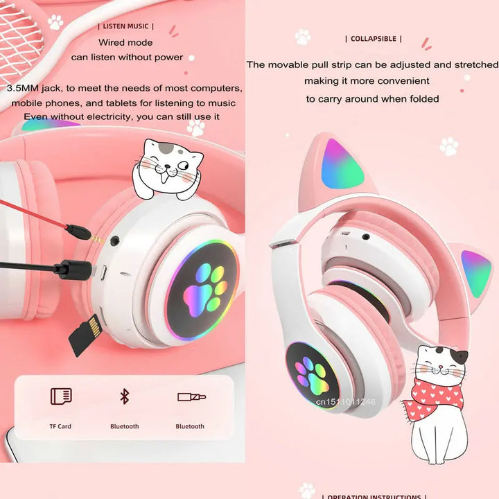 Cat Ears Headphones Flash Light Wireless